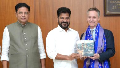 Telangana CM A Revanth Reddy, IT minister D Sridhar Babu with Elli Lilly president, Patrick Jonsson in Hyderabad on Monday