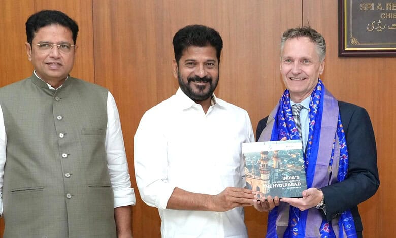 Telangana CM A Revanth Reddy, IT minister D Sridhar Babu with Elli Lilly president, Patrick Jonsson in Hyderabad on Monday