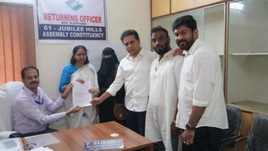 BRS candidate Maganti Sunitha filed her nomination papers for the Jubilee Hills Assembly by-election at the Returning Officer Jubilee Hills constituency office on Wednesday.