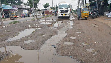 Road from Shaheennagar to Pahadishareef is filled with potholes