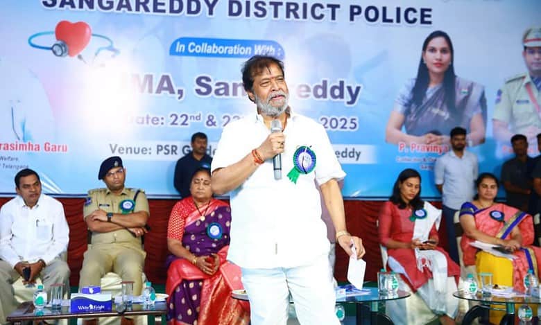 Telangana health minister Damodar Raja Narasimha addresses a gathering in Sangareddy