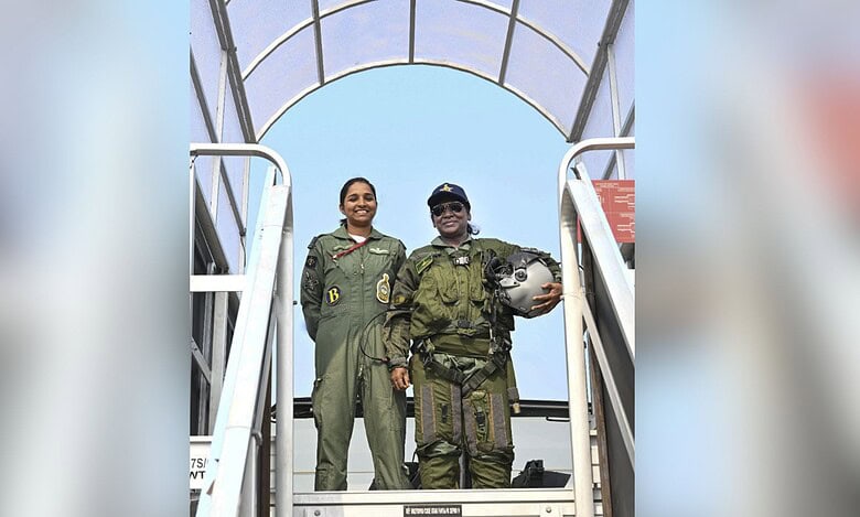 President Droupadi Murmu poses for pictures before she takes a sortie in Rafale fighter jet, at Air Force Station in Haryana's Ambala