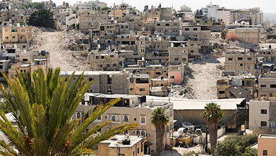 A general view of Tulkarm refugee camp in the Israeli-occupied West Bank, showing newly cleared streets after Israeli bulldozers demolished Palestinian homes, July 7, 2025.