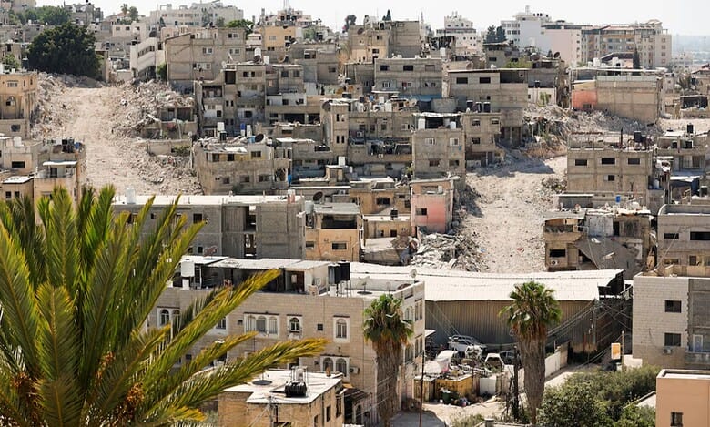 A general view of Tulkarm refugee camp in the Israeli-occupied West Bank, showing newly cleared streets after Israeli bulldozers demolished Palestinian homes, July 7, 2025.
