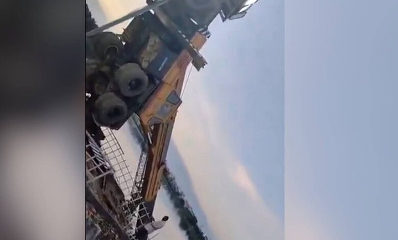 A crane overturned at the Saroornagar lake in Hyderabad