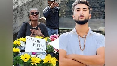 Composite image showing mourners gathered around the coffin of slain hostage Bipin Joshi at Ben Gurion Airport, and a portrait of Bipin Joshi in a white shirt.