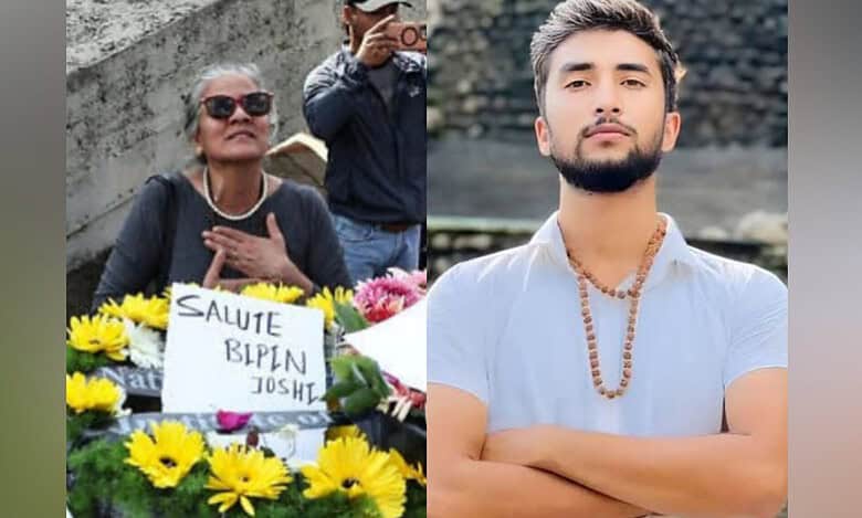 Composite image showing mourners gathered around the coffin of slain hostage Bipin Joshi at Ben Gurion Airport, and a portrait of Bipin Joshi in a white shirt.