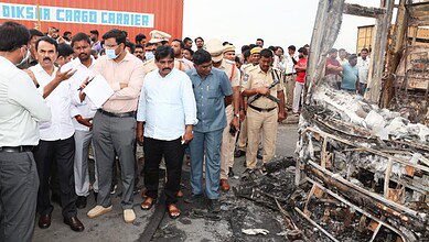 Telangana excise minister Jupally Krishna Rao at the accident site in Kurnool
