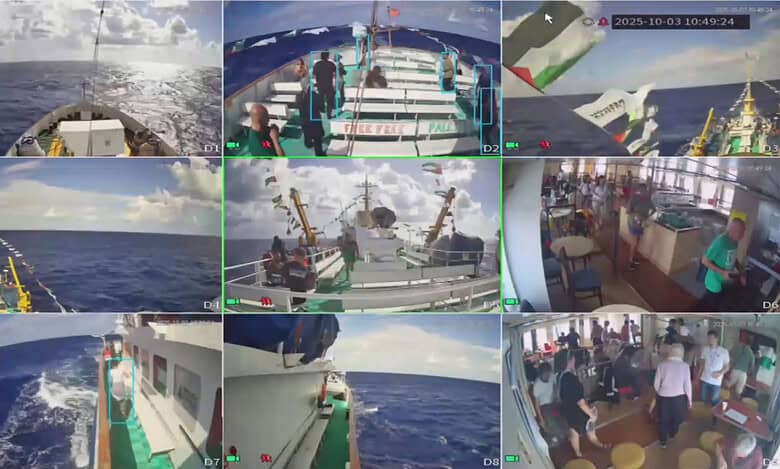 Livestream screenshot from the Conscience ship of the Freedom Flotilla Coalition sailing towards Gaza on October 3.