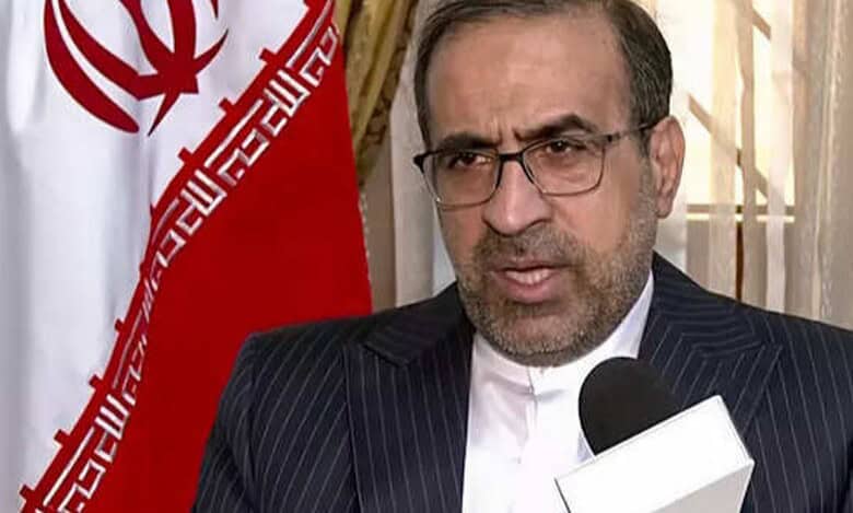 Dr Iraj Elahi, former Ambassador of the Islamic Republic of Iran in New Delhi, speaking during an interview with the Iranian flag in the background.
