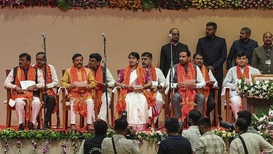 Gujarat's newly-sworn cabinet ministers during the swearing-in ceremony, in Gandhinagar, Friday, Oct. 17, 2025. (PTI Photo)