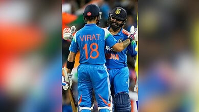 Virat Kohli and Rohit Sharma celebrate their India vs. Australia 3rd ODI