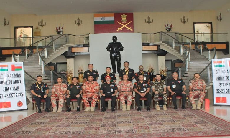 Indian and Omani Army officers pose for a group photograph during the 3rd India–Oman Army-to-Army Staff Talks held in New Delhi, October 2025.