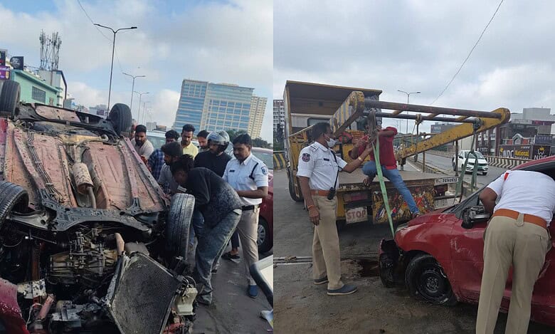 Speeding car overturns on Hyderabad’s JNTU flyover, 2 detained