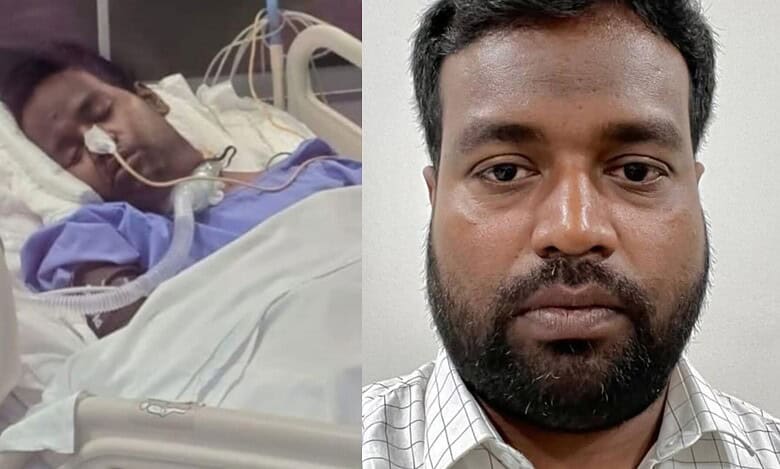 Telangana software engineer Lokini Krishna Murthy seen hospitalised and on ventilator support in Riyadh, alongside an earlier photograph of him before the medical emergency.