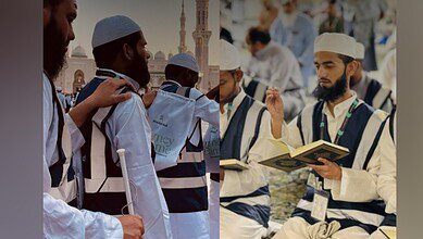 Indian pilgrims with sensory disabilities during their visit to the Prophet’s Mosque in Madinah, reciting from the Qur’an and guided by volunteers.