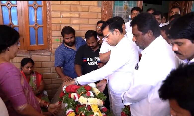 Ministers Sridhar Babu and Adluri Laxman Kumar pay their respects at the deceased's residence at Teachers Colony in BN Reddy Nagar.