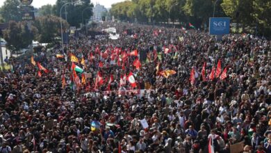 Large crowd waves flags during a pro-Palestinian protest in Bologna, Italy.