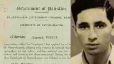 A 1937 document titled Government of Palestine Certificate of Naturalisation issued under the Palestinian Citizenship Orders, showing the name Szymel Perski alongside a portrait of a young Shimon Peres.