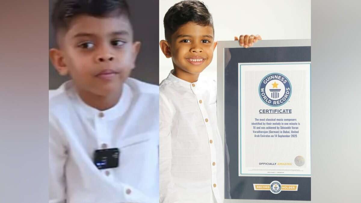 Six-year-old Shivankh Varun Varadharajan from Dubai holds his Guinness World Record certificate for identifying 16 classical composers by ear.