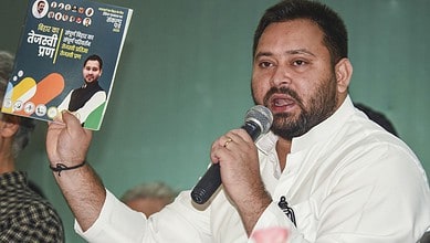 Patna: LoP in Bihar Assembly and RJD leader Tejashwi Yadav addresses the media after releasing INDIA bloc's manifesto for Bihar Assembly elections, in Patna, Tuesday, Oct. 28, 2025. (PTI Photo)