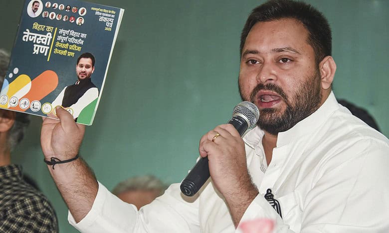 Patna: LoP in Bihar Assembly and RJD leader Tejashwi Yadav addresses the media after releasing INDIA bloc's manifesto for Bihar Assembly elections, in Patna, Tuesday, Oct. 28, 2025. (PTI Photo)