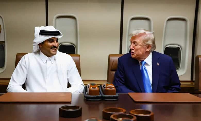 US President Donald Trump and Qatar’s Emir Sheikh Tamim bin Hamad Al Thani talking aboard Air Force One at Al Udeid airbase.