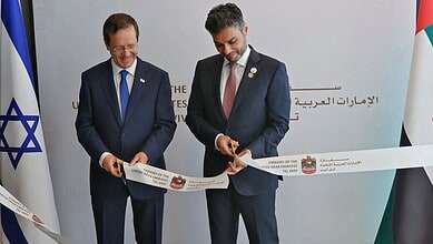 Israeli and Emirati officials cut a ribbon during the opening ceremony of the UAE Embassy in Tel Aviv, July 2021.
