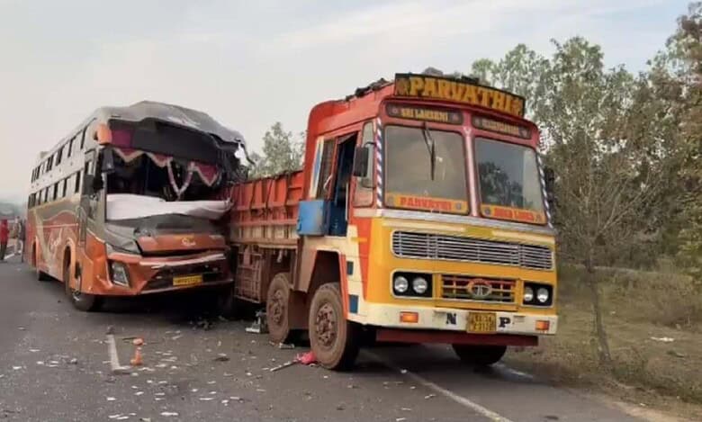 A bus rams into a truck in Telangana's Adilabad