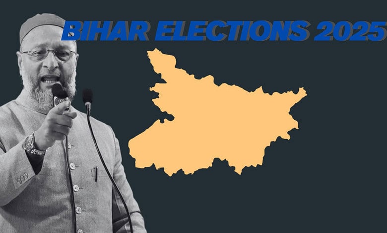 illustration of asad owaisi in front of bihar map for 2025 elections