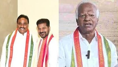 Danam Nagender with Chief Minister Revanth Reddy on the left and Kadiyam Srihari on the right