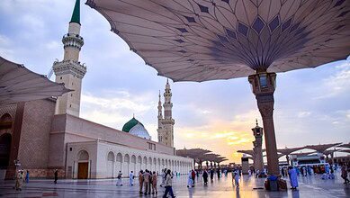 Prophet’s Mosque in Madinah at sunset.