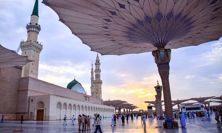 Prophet’s Mosque in Madinah at sunset.