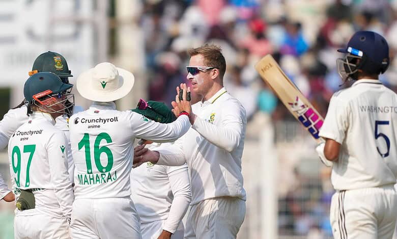 South African players celebrating while India batsmen walking back after Test defeat to South Africa November 2025