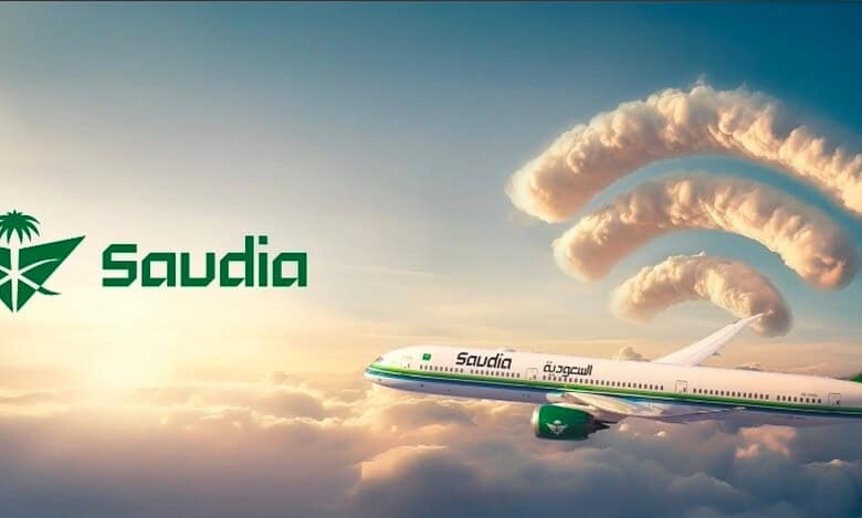 Saudia aircraft flying above the clouds with WiFi signal icons formed from clouds, symbolising in-flight internet connectivity.