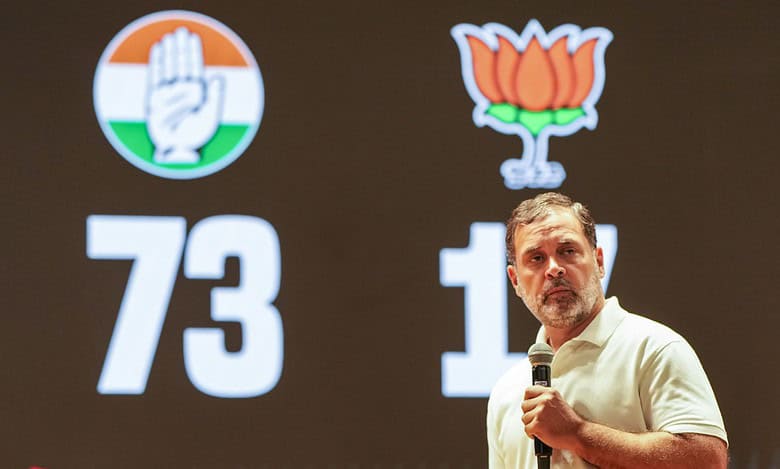 LoP in the Lok Sabha and Congress leader Rahul Gandhi addresses a press conference in New Delhi on Wednesday. (PTI Photo/Arun Sharma)