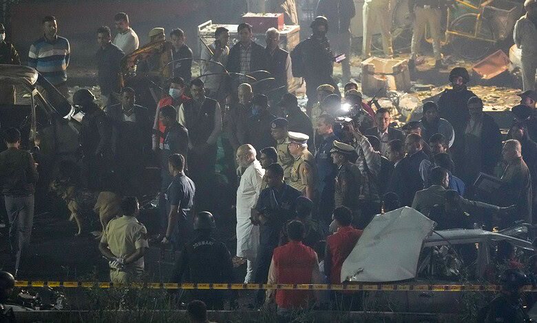 Union Home Minister Amit Shah visits the blast site near Red Fort, in New Delhi on Monday. (PTI Photo/Salman Ali)