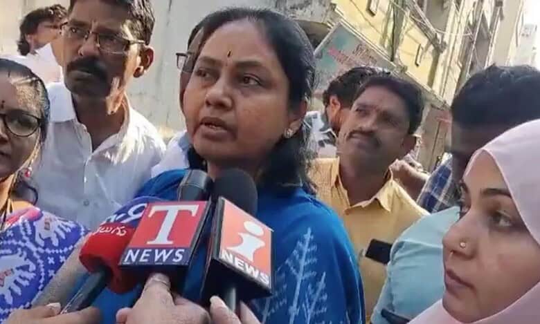 BRS candidate Maganti Sunitha addresses the media in Hyderabad