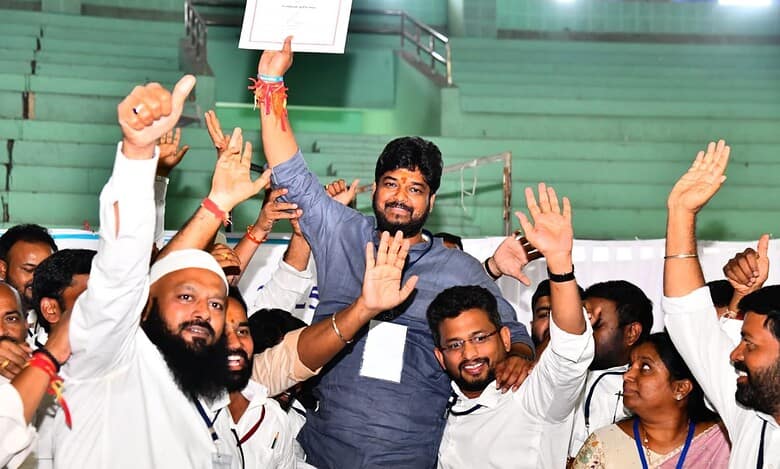 Jubilee Hills bypoll winner Naveen Yadav celebrates his victory