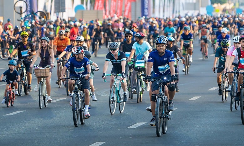 Cyclists ride along Sheikh Zayed Road during Dubai’s 30x30 fitness challenge