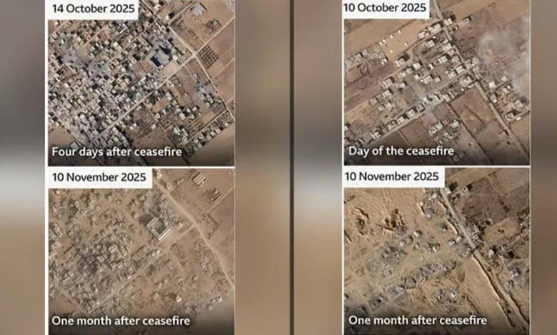 Satellite images show extensive destruction in Gaza neighbourhoods before and after the ceasefire, with most buildings flattened within a month.