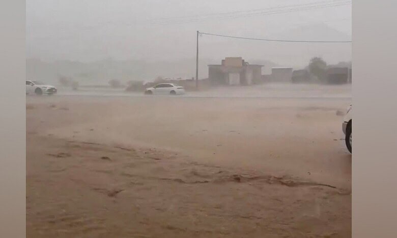Cars drive through heavy rain and flooding in the Makkah region, Saudi Arabia.