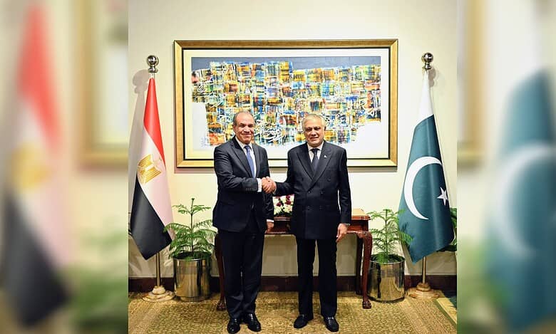 Egyptian and Pakistani foreign ministers shake hands in Islamabad with national flags behind them.