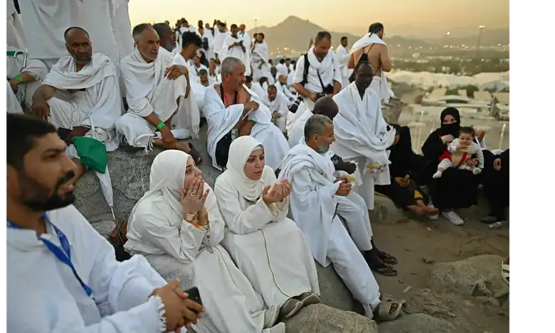Pilgrims gather on Mount Arafat in Saudi Arabia during the peak of the Haj pilgrimage.