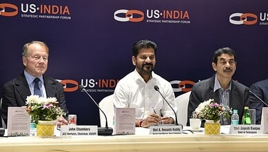 Telangana CM Revanth Reddy at US-India Strategic Partnership Forum in New Delhi.