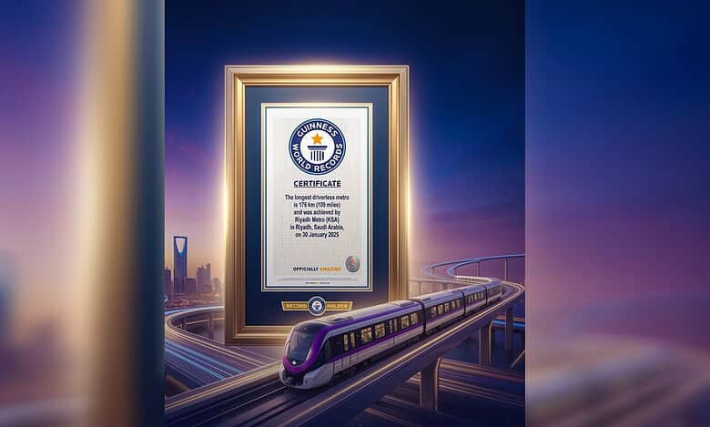Framed Guinness World Record certificate displayed above a Riyadh Metro driverless train with the city skyline in the background.