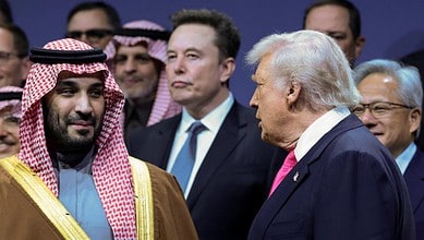 Saudi Crown Prince Mohammed bin Salman and US President Donald Trump are seen interacting during a high-level international event.