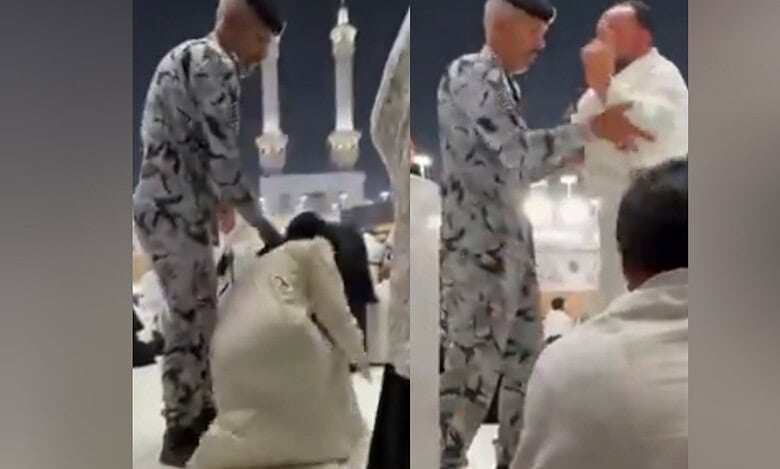 A security officer at Makkah’s Grand Mosque seen pulling a woman sitting near the Holy Kaaba and confronting a male pilgrim during a heated moment.