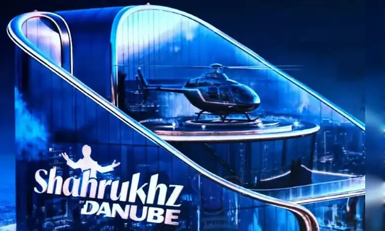 A digital render of the Shahrukhz by Danube tower with a rooftop helipad.