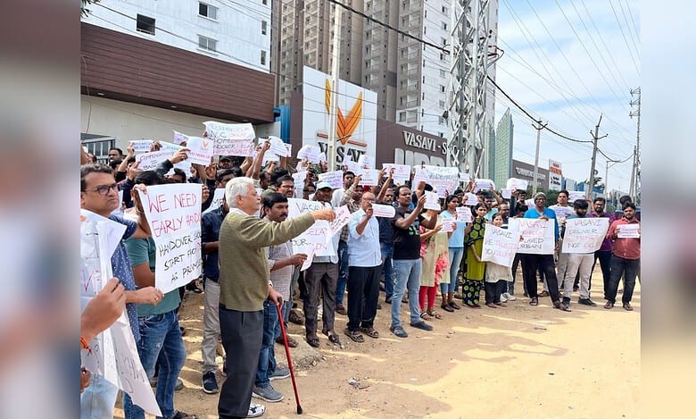 Image shows homeowners protesting at Vasavi Urban project in Bachupally